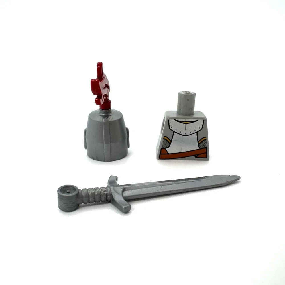 LEGO Castle Lion Knight Torso Silver Helmet Red Plume Greatsword Armor Lot